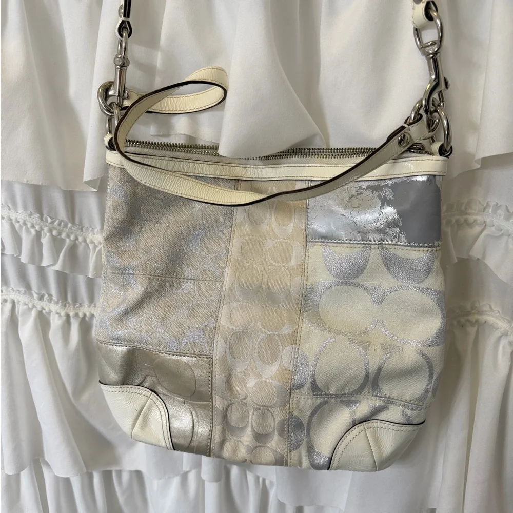 Coach White and Silver Patchwork Shoulder Bag - Picture 4 of 10